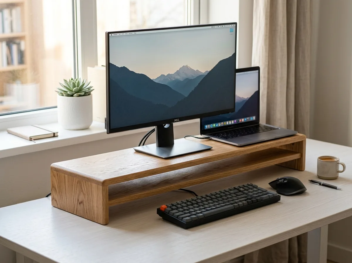 Support écran sur bureau avec écran et clavier rangé